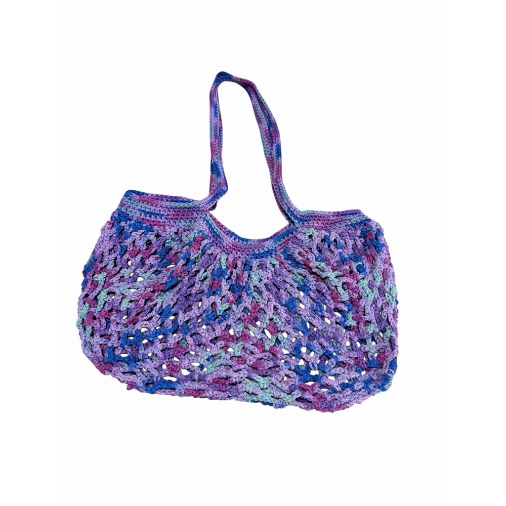 New Handmade Crochet Mesh Market Bag Purse Tote cotton yarn purples blues